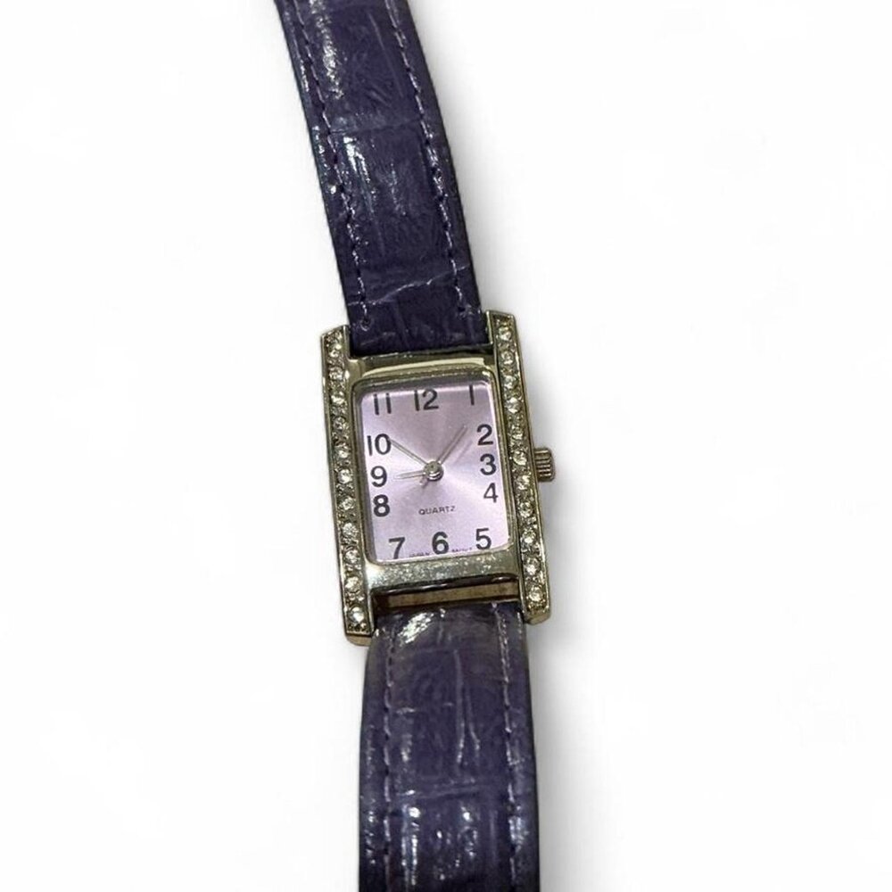 Vintage Rectangle Quartz Watch Purple Crocodile Pattern Leather Rhinestone